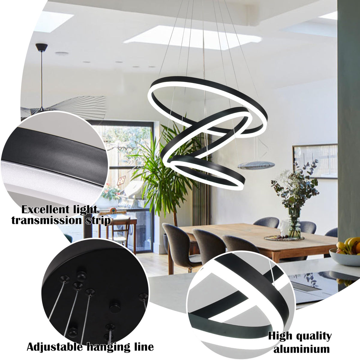 Modern Led Chandelier 3 Rings Black Pendant Lights Dimmable Chandeliers Color Temperature Height Adjustable Black Chandelier Led Pendant Light for Living Room Dining Room Bedroom Entryway (Black / 3Ring-20")