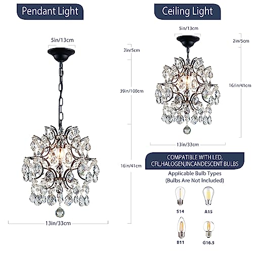 Black Modern Pendant Chandelier Crystal Raindrop Lighting Ceiling Light Fixture Lamp for Dining Room Bathroom Bedroom Livingroom entryway 1 E26 Bulbs Required D13 in x H16 in (D13" x H16" / Black)