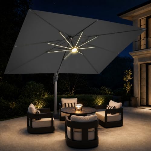 9x12 FT Cantilever Offset Patio Umbrella with Lights (Grey)