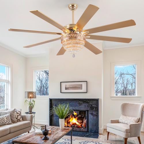 72"Large Golden Crystal Chandelier Ceiling Fans with Lights and Remote (Gold-72IN)