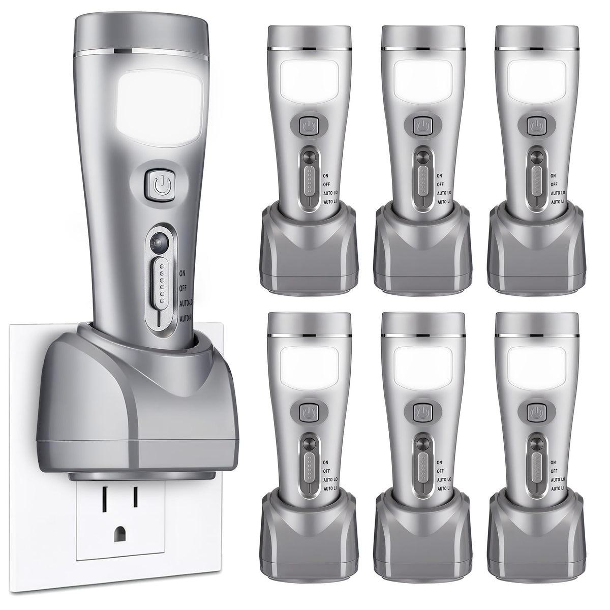6 Pack Rechargeable Emergency Light with Auto On Power Outage (Silver)