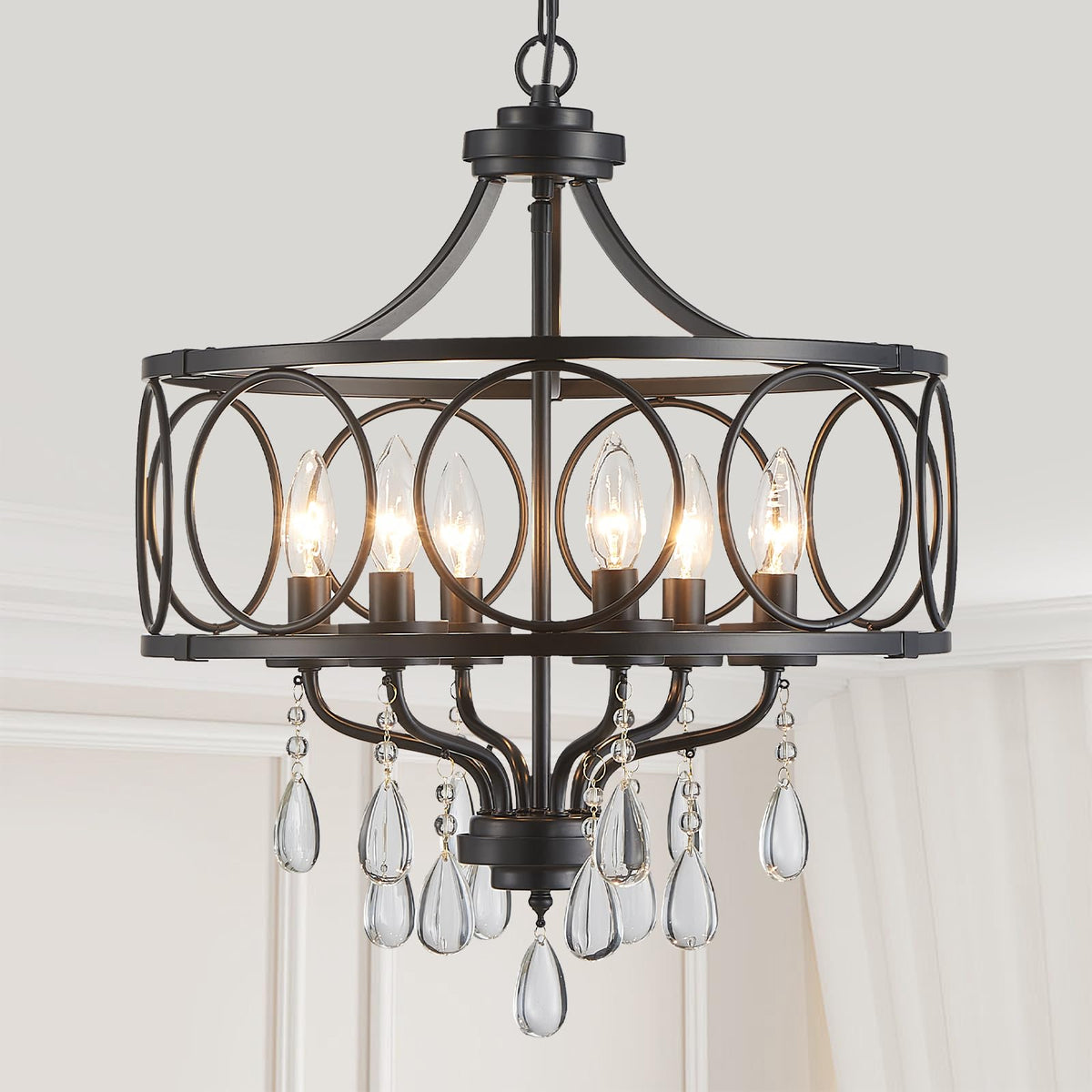 Modern Black Chandelier 17.7" Metal Crystal Pendant Lighting Fixture Hanging 6