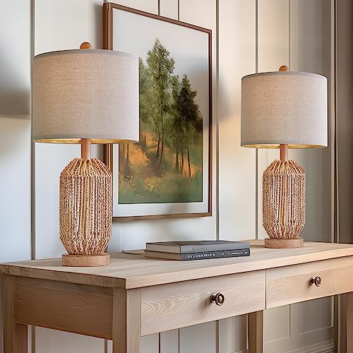 21" Boho Table Lamps Set of 2 for Living Room (Wood Brown)