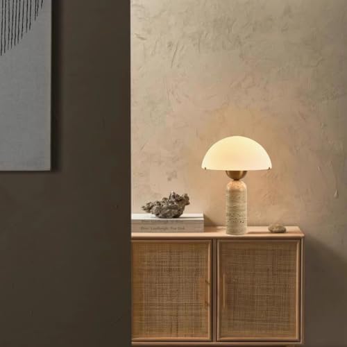 Scandinavian Modern Table Lamp Frosted Glass Shade Travertine Lamp Natural Stone Desk Lamp Mid (Yellow)