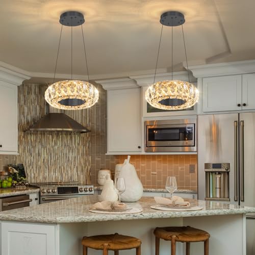 8" Ring Modern LED Dimmable Crystal Chandelier Adjustable Height Pendant Light Round Crystal Chandelier Light Fixtures for Dining Room Living Room Kitchen Island Black (Black / 1 Ring Round 8")