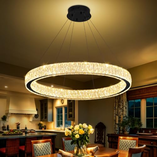 Crystal Ring Chandeliers for Living Room Foyer Hallway Staircase High Ceiling Chandeliers Long Hanging Pendant Light LED Dimmable 3000