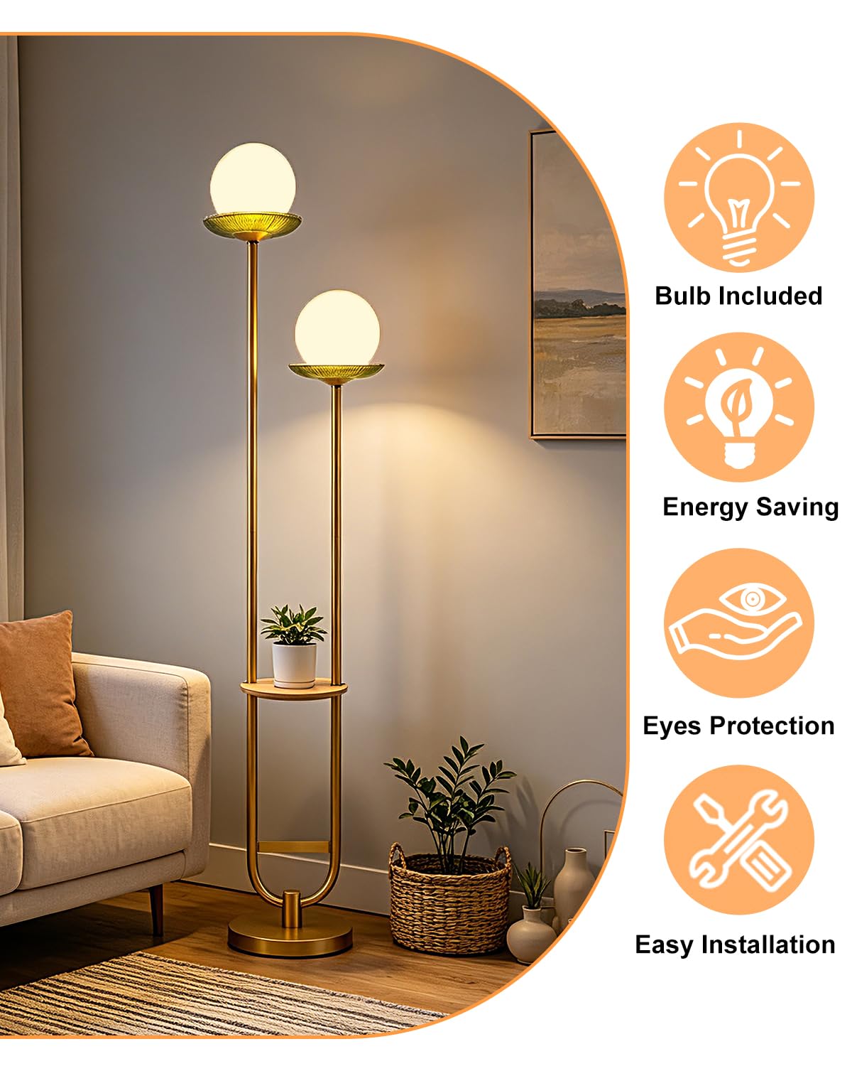 2 Globe Floor Lamp with Green Glass Tray Gold Dimmable Tall Lamp (Green-2U Gold)