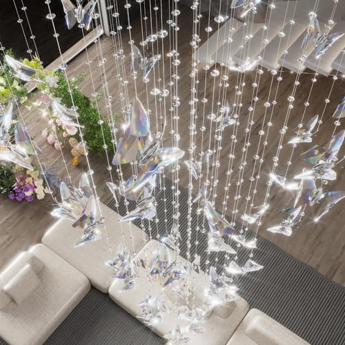 H102 High Ceiling Chandelier Modern Crystal Chandeliers Lighting Raindrop Large Chandelier for Staircase Foyer Entryway Living Room Dimmable 3000 (Silver / Dia 32")