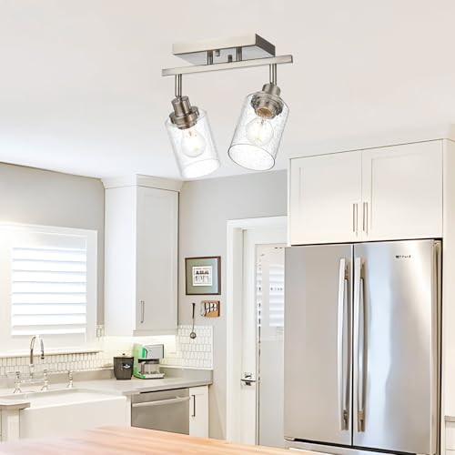 2 Light Brushed Nickel Kitchen Track Lighting Fixtures Ceiling Mount Track Lighting Kit with Bubble Seeded Glass Shade Modern Bathroom Tracking Vanity Lights Ceiling Tracking Accent Shop Light (Brushed Nickel / 2-Light)