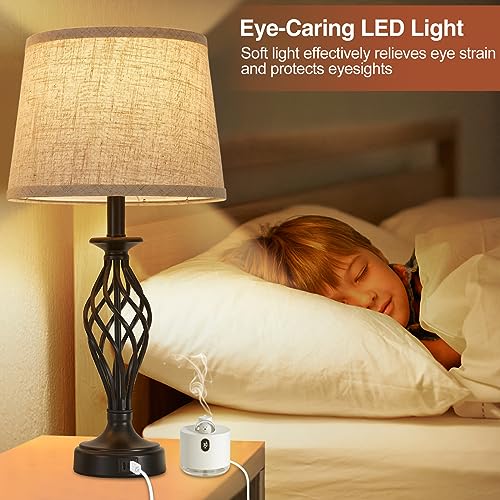 Table Lamp for Bedroom Set of 2 with USB C+A Ports (Black Base + Beige Lampshade)