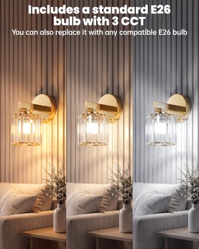Hardwired Wall Sconces Set of Two with Crystal Lampshade (Gold-B)