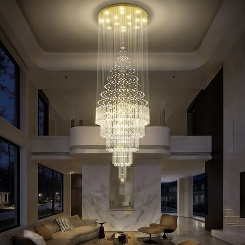 D40 x H110 Gold Raindrop Crystal Chandelier LED Dimmable Contemporary Chandelier Large Pendant Light for Entryway Stairway Foyer (Gold / D40"X H110")