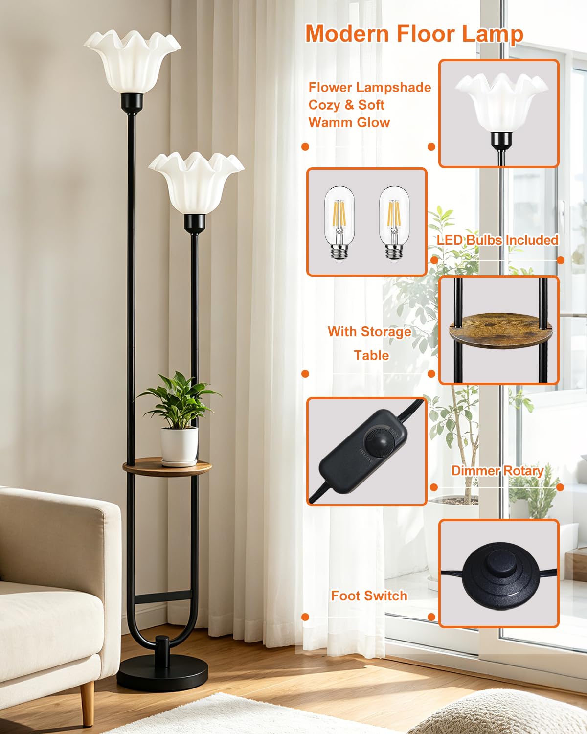 Dimmable Flower Floor Lamp for Living Room (Black-2U)