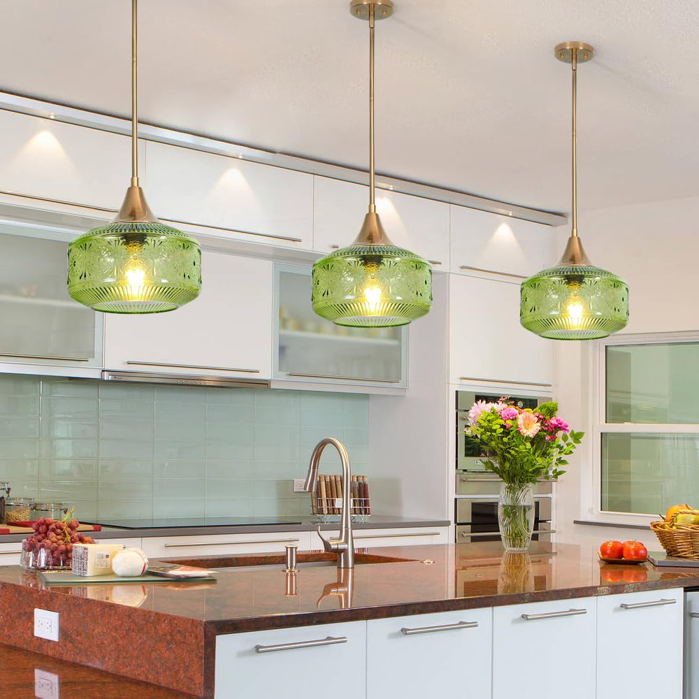 Gold Pendant Light over Kitchen Green Glass Hanging Light for Bathroom (Gold+Green Glass / 9.25in)
