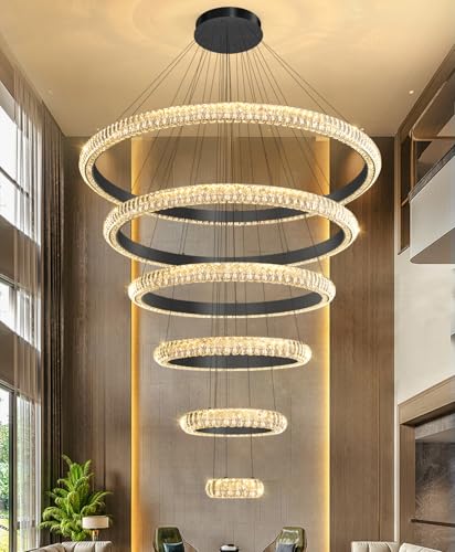 47" 6 Ring Crystal Chandelier Modern LED Dimmable Ring Pendant Light Chandelier for Dining Room Living Room Black (Black / 6 Ring Round 47")