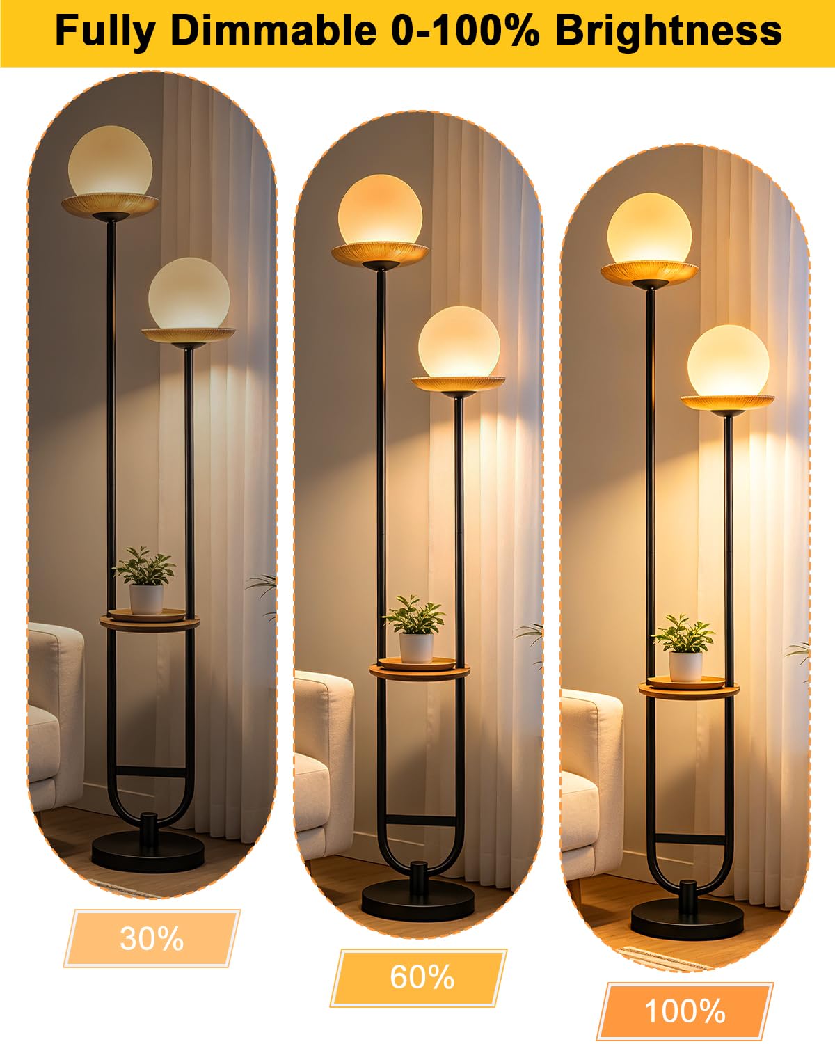 2 Globe Floor Lamp with Amber Glass Tray Black Dimmable Tall Lamp (Brown-2U Black)