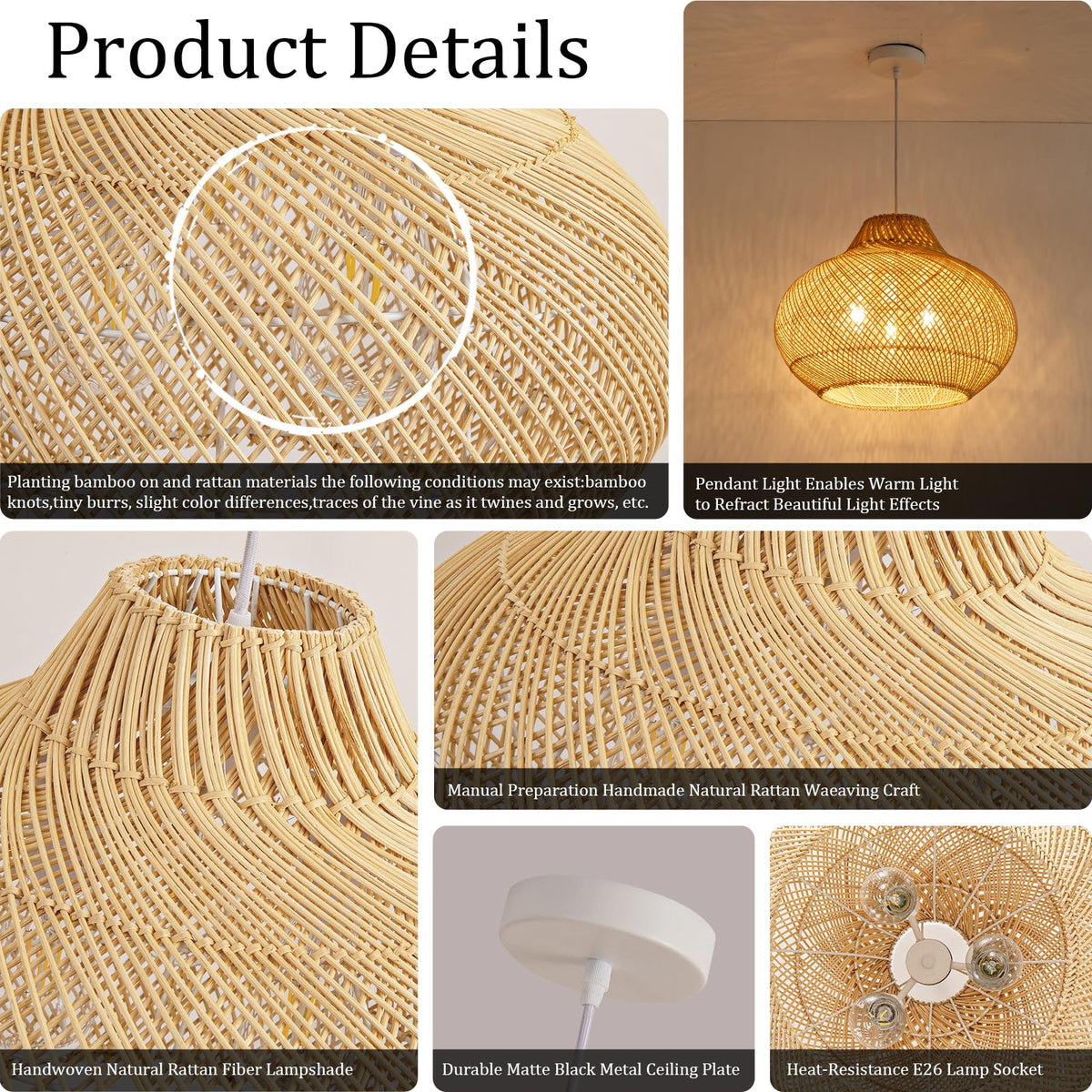18.9" Rattan Pendant Light (Metal+Rattan / 18.9" 3-Light)