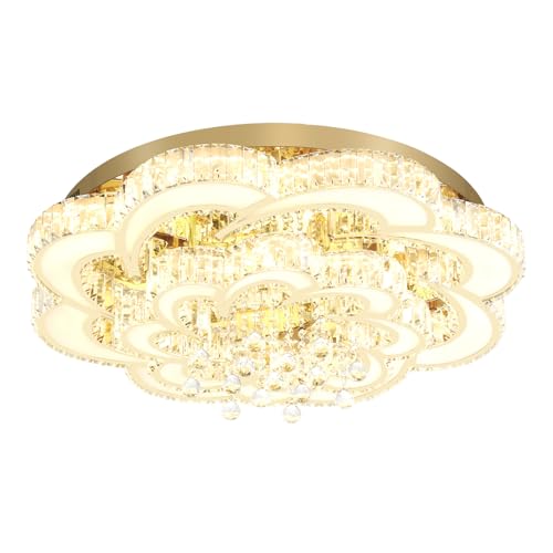 Dia 32'' Modern Crystal Chandelier Flush Mount Crystal Ceiling Light Fixture Dimmable LED Ceiling Chandelier for Living Room Dinning Room Bedroom (Gold / Dia 32")