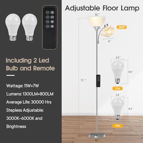 Torchiere Floor Lamp with Remote Control and Adjustable Reading Light (Brushed Nickel)