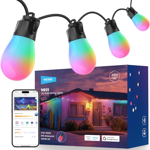 NR01 144ft Outdoor String Lights App Control Smart AI RGB IC W Light (144ft)