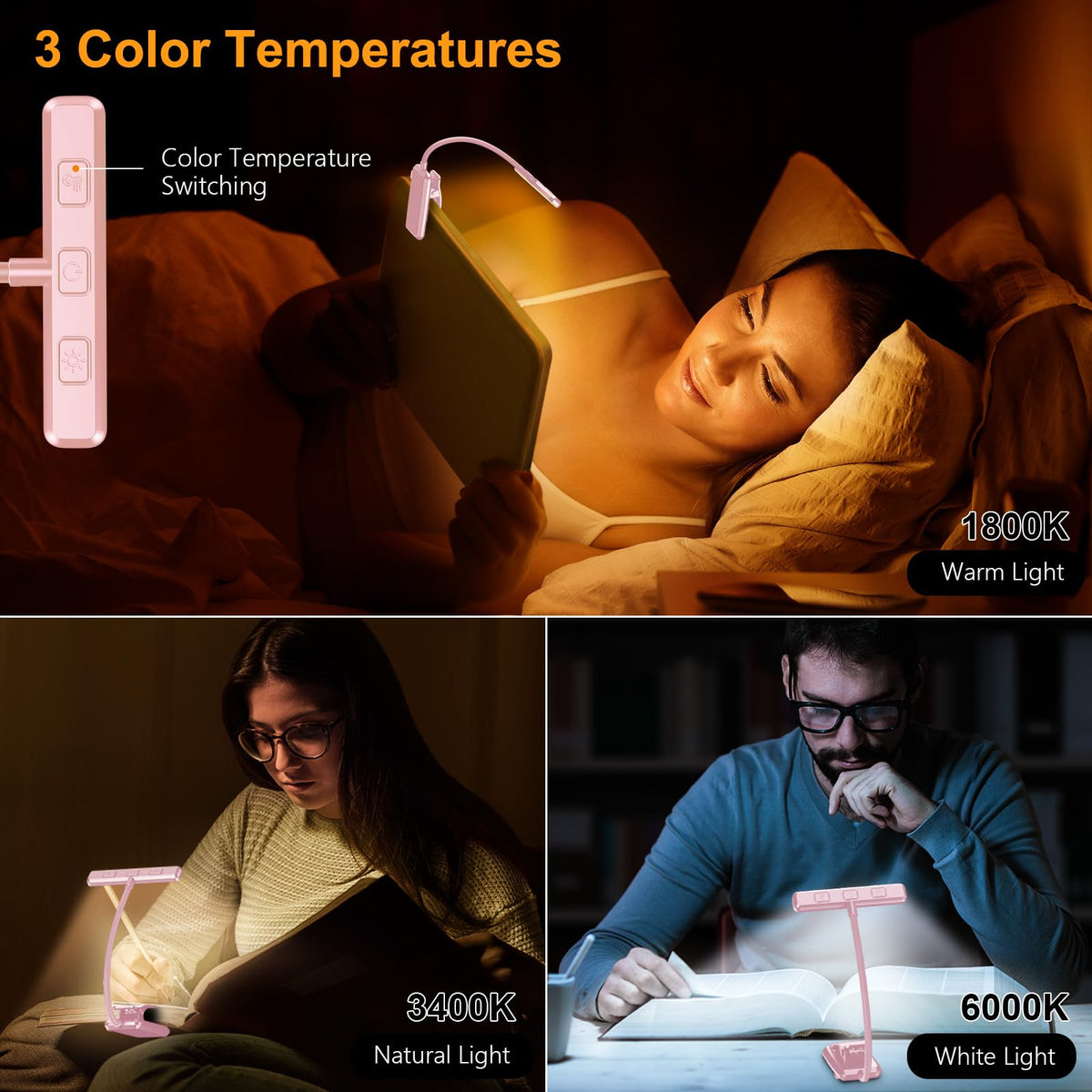 19 LED Rechargeable Book Light for Reading in Bed (Pink)