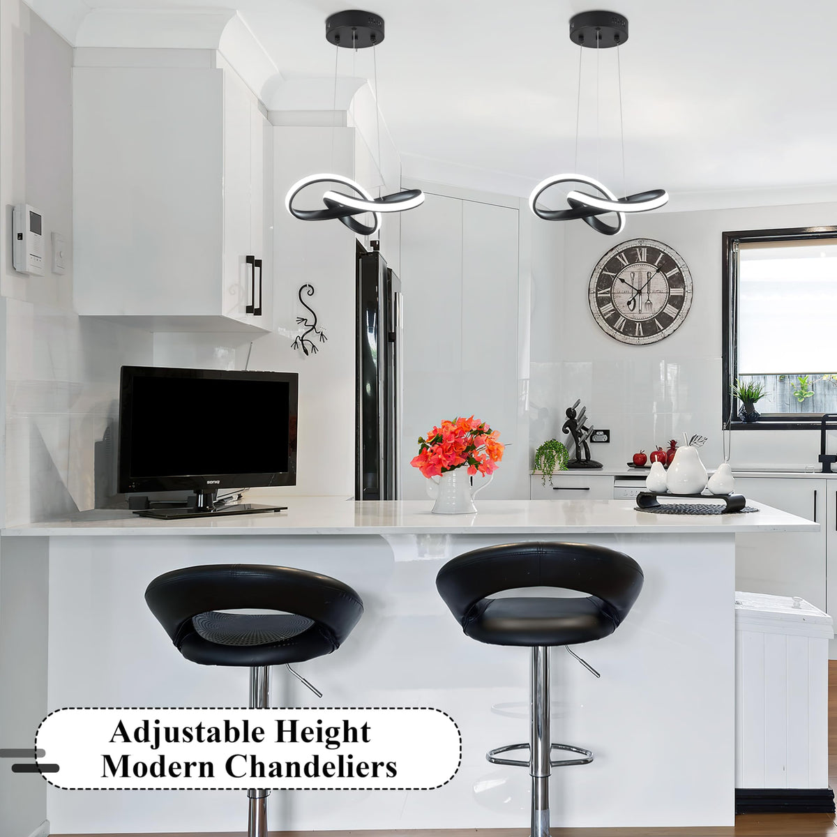 LED Chandelier Modern Pendant Light Fixture 2 Pack Simple Irregular Streamline Ring Light Black with 4500K and 59" Height Adjustable Hanging Lamp for Kitchen Island Hallway Foyer Corridor (Black / 12 Inch)