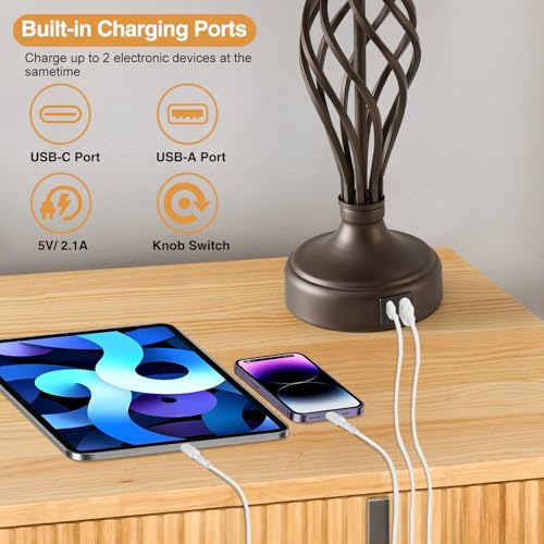 Table Lamp for Bedroom Set of 2 with USB C+A Ports (Brown Base + Beige Lampshade)