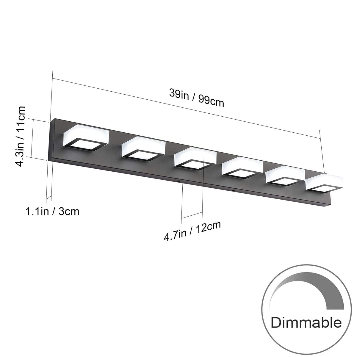 6 Lights LED Modern Dimmable Matte Black Vanity Light Acrylic Modern Vanity Wall Light Over Mirror Dimmable Bathroom Vanity Lighting Fixtures 6000K Cool White Light (Black-Dimmable / 40.4 inch)