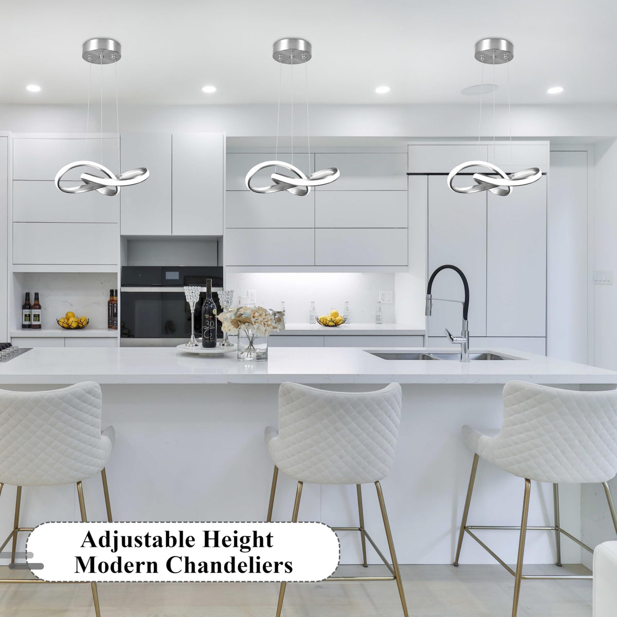 LED Chandelier Modern Pendant Light Fixture 2 Pack Simple Irregular Streamline Ring Light Nickel with 4500K and 59" Height Adjustable Hanging Lamp for Kitchen Island Hallway Foyer Corridor (Nickel / 12 Inch)