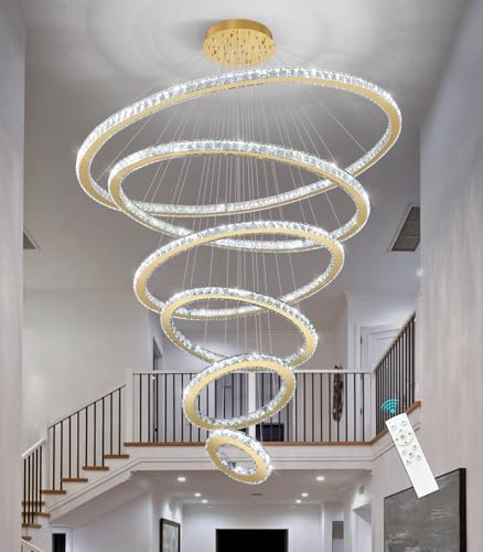 Modern Crystal Chandelier 6 Rings High Ceiling Chandeliers Dimmable LED Lighting Fixtures with Remote for Living Room Dining Room Foyer Gold (Gold / 6-Ring 47")