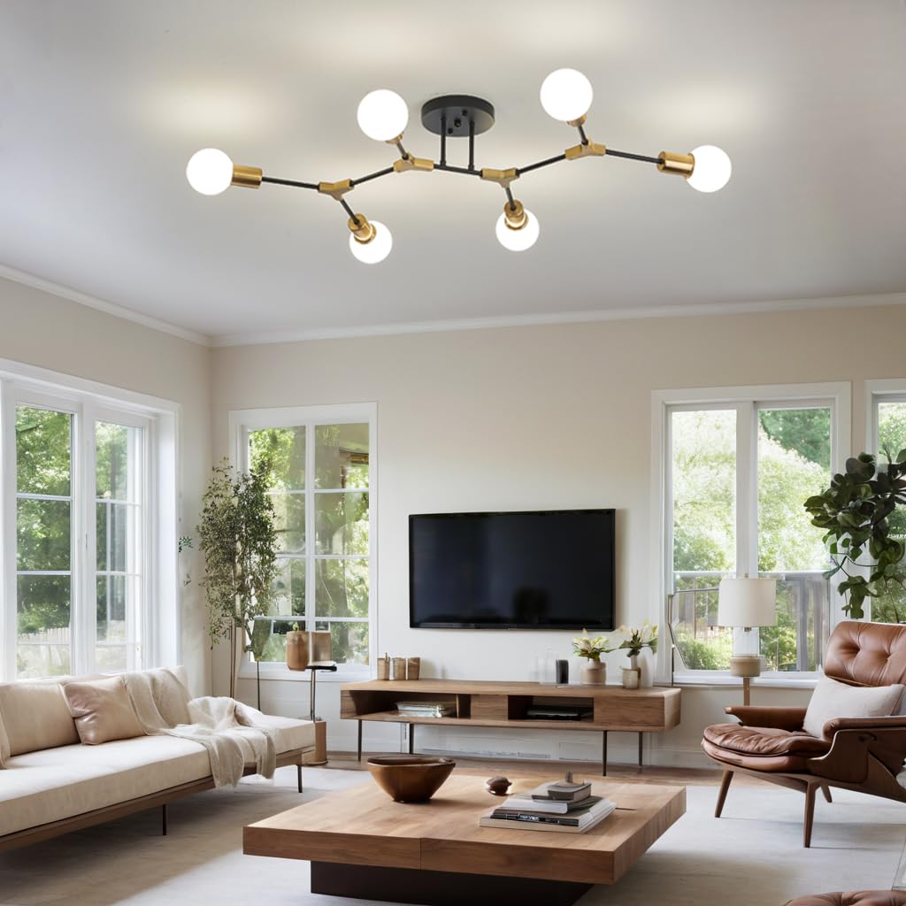 Mid Century Gold and Black Sputnik Semi Flush Mount Ceiling Light Fixture (Gold and black / 6 Light)
