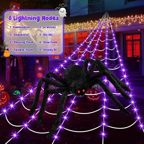 Halloween Decorations 16.4Ft Spider Web with LED Lights & 59" Giant Spider (Purple)