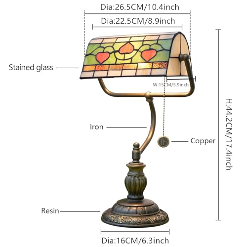 Tiffany Style Heart Bankers Table Lamp Stained Glass Vintage Bedroom Bedside Study Pull Chain Reading Desk Lamps Office Nightstand Aesthetic Antique Green Banker'S Lamp Work Light Desklamp (Red Hearts)