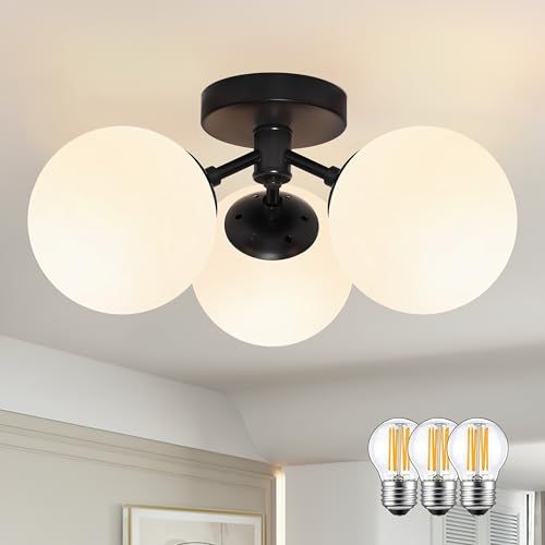 3 Light Mid Century Modern Black Semi Flush Mount Ceiling Light with Milk Glass Globe and Brass Fixture for Bedroom
