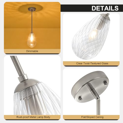 Brushed Nickel Twisted Glass Pendant Lights Kitchen Island Modern (1-Pack Brushed Nickel)