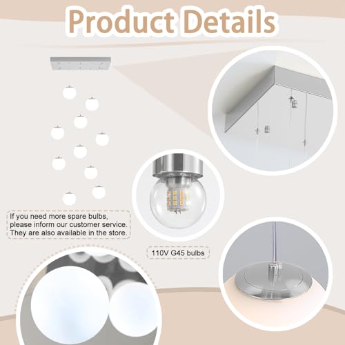 Chandeliers for Living Room Silver Pendant Light with White Globe Glass Dimmable Ceiling Light Rectangular Flush Mount Chandeliers Ceiling Light for Kitchen Island (Silver-White / Rectangle 10-Light)