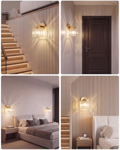 Hardwired Wall Sconces Set of Two with Crystal Lampshade (Gold-A)