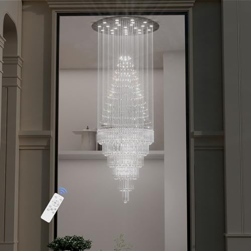 D48''X H120''High Ceiling Chandelier Crystal Raindrop Chandeliers Large Villa Chandelier Entrance Foyer Hight Ceiling Lighting LED Dimmable 2700K (Silver / D48"X H120")