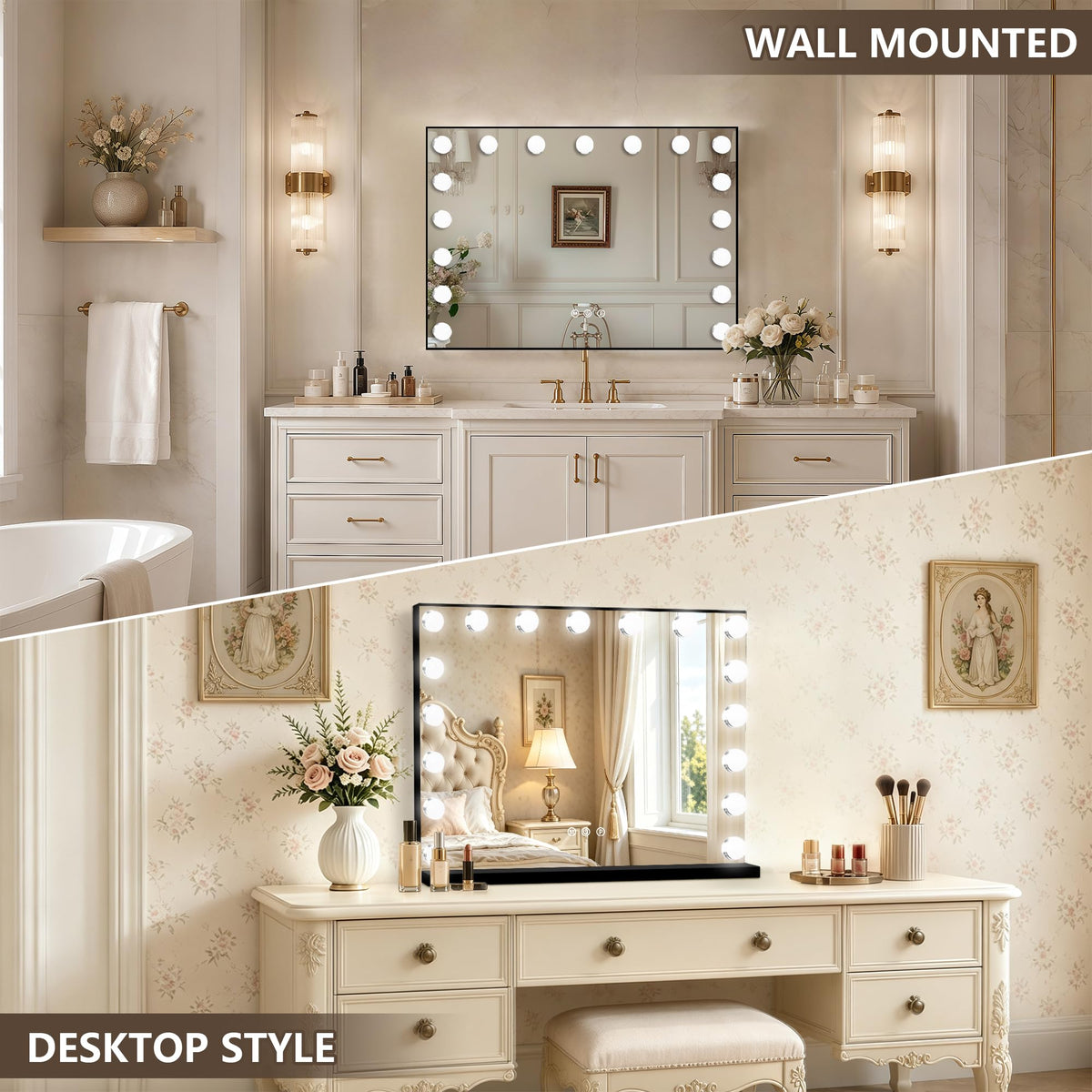 Black Hollywood Vanity Mirror with Lights (Black / 28"L x 20"W)