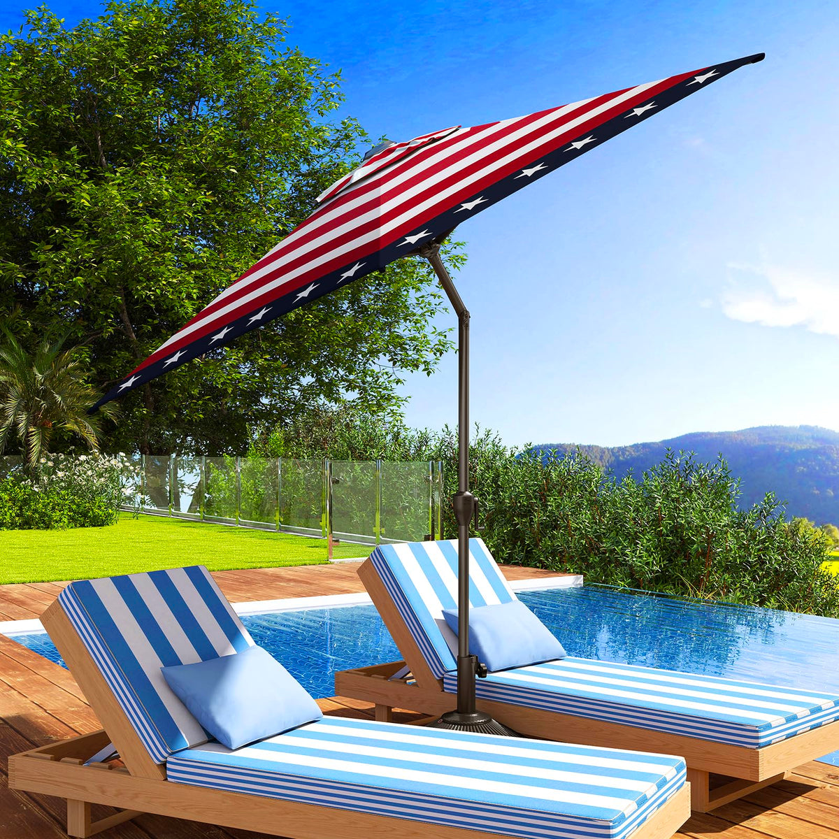 9FT Lyon Outdoor Patio Umbrella Outdoor Table Umbrella with Push Button Tilt and Crank Market Umbrella 6 Sturdy Ribs UV Protection Waterproof for Garden Deck Backyard Pool (9 FT(6 Ribs) / Star Stripe)