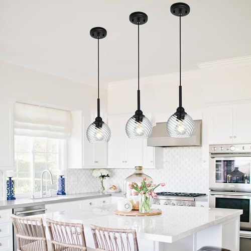 3 Pack Dining Room Light Fixtures Hanging with Clear Striped Swirl Globe Glass (Transparent / 1-Light-3 Packs)