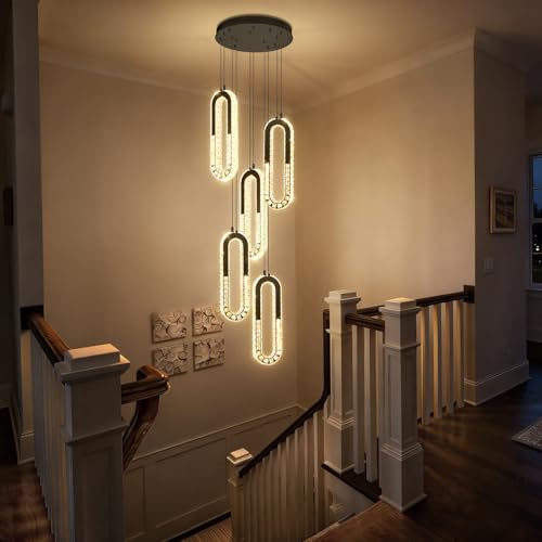 Modern LED Chandelier 5 Ring Black LED Pendant Light Adjustable Height Hanging Chandelier for Staircase Foyer (Black / 5 Rings (New))