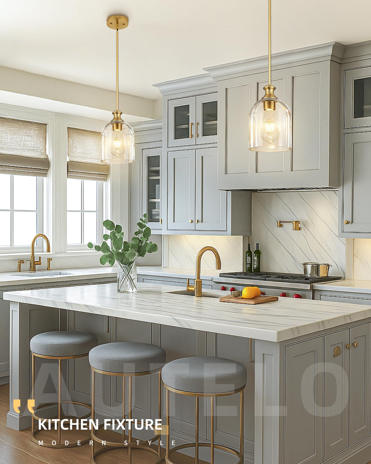 2 Pack Modern Gold Pendant Lights Kitchen Island Cylinder Glass (2 Pack-Brushed Gold+Clear Glass(Easy to install))