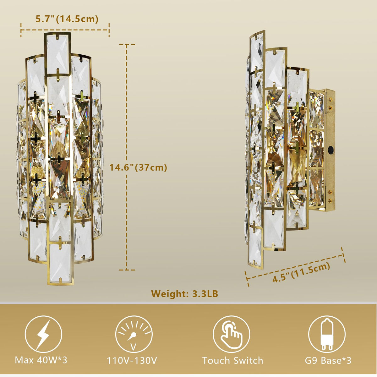 Gold Crystal Wall Sconces Lighting (Gold 1Pack)