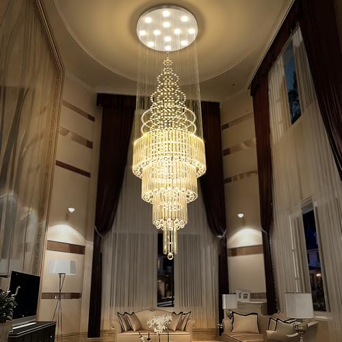 D32''X H110'' High Ceiling Chandelier Crystal Raindrop Chandeliers Staircase Large Chandelier Villa Entrance Foyer Ceiling Light High Ceiling Pendant Light Fixture (Silver / D32"X H110")