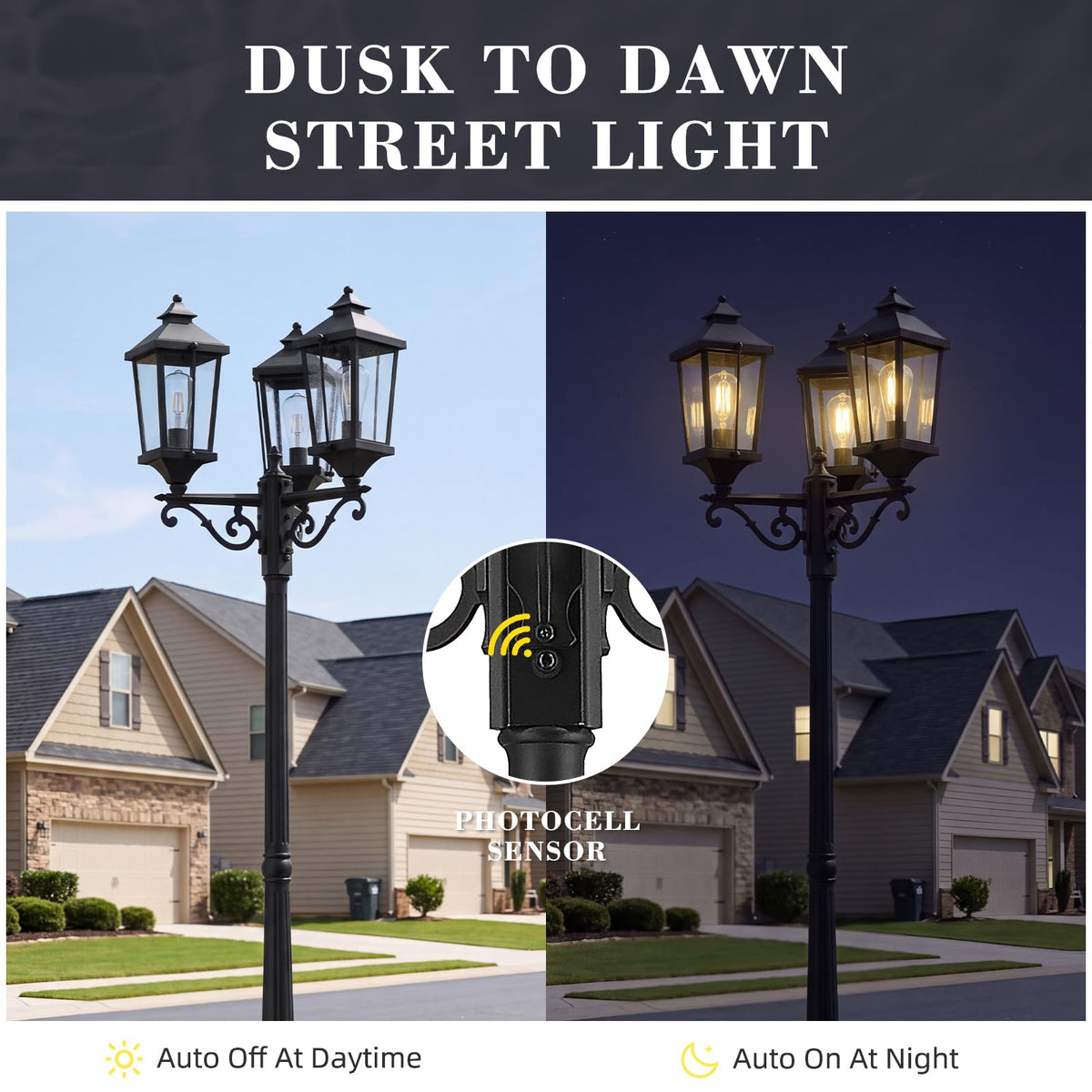 91 Inch 3 Light Black Post Light with GFCI Outlet (Black - Seeded Glass / 91 Inch - Dusk to Dawn+GFCI)