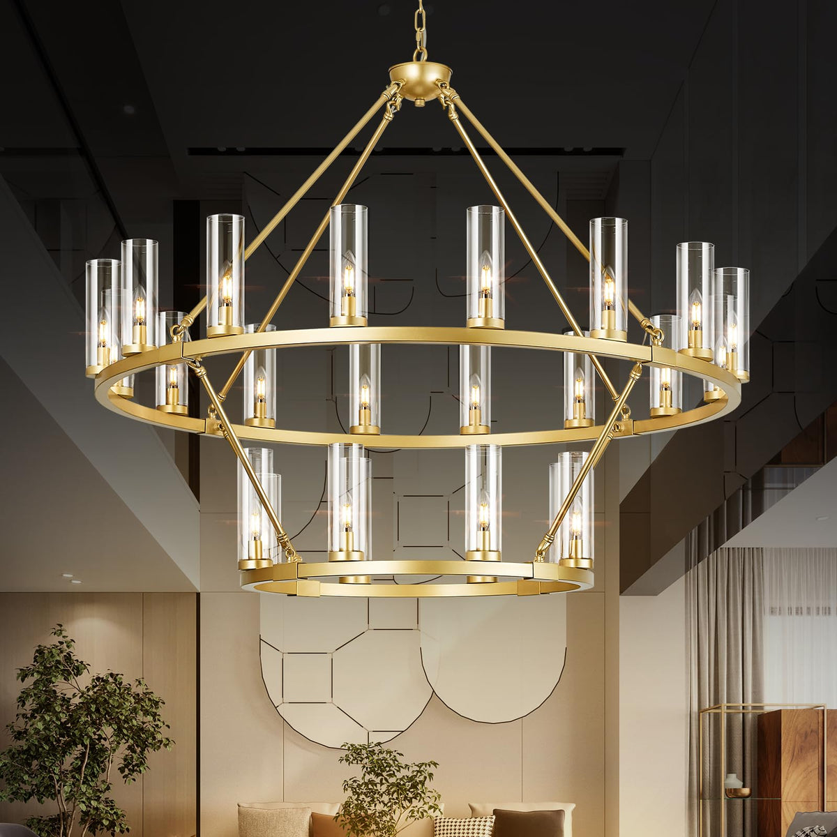48 Inch Large Gold Wagon Wheel Chandelier with Clear Glass Shade 2 Tier 24 (Gold / 2 Tier-24 Lights)