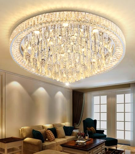 Crystal Chandeliers Modern LED Dimmable Flush Mount Ceiling Chandeliers for Living Room High Ceiling Entrance Foyer Bedroom Dining Room (Silver / 39.3" Width)