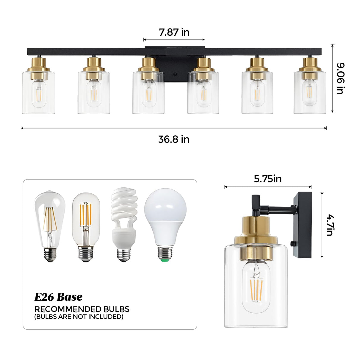 6 Light Vanity Lights Bathroom Light Fixtures (Black & Gold / 6-light)