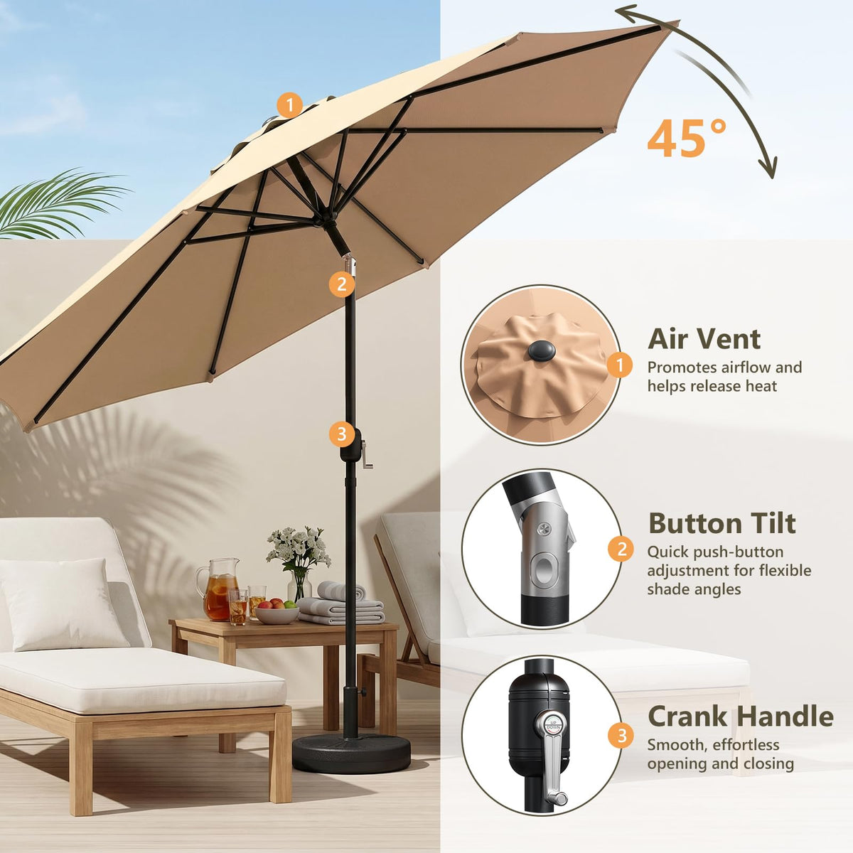9FT Patio Umbrella (Light Khaki / 9 FT)